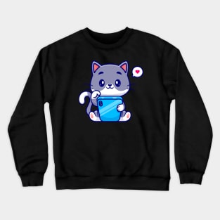 Cute Cat Playing Handphone Cartoon Crewneck Sweatshirt